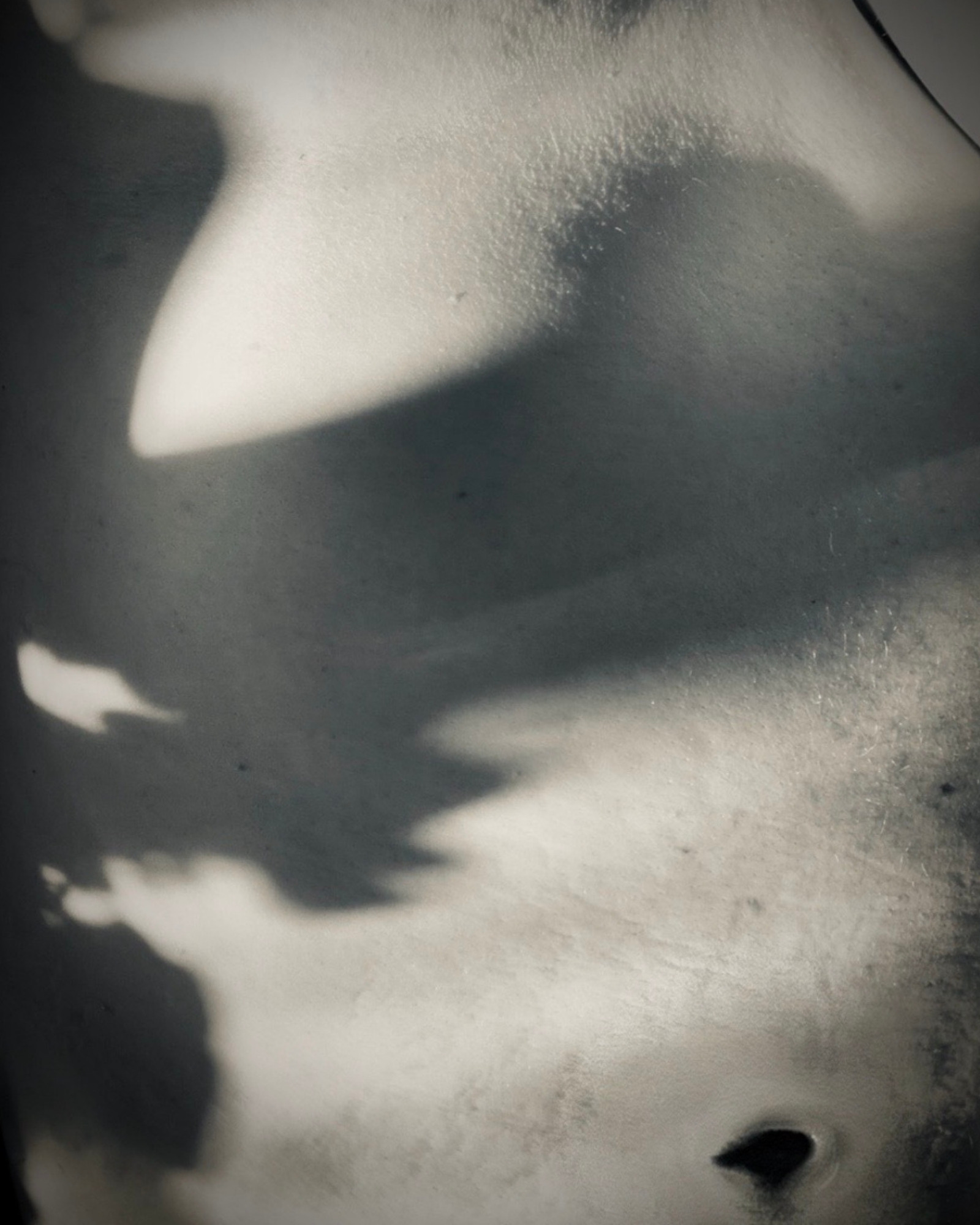Black-and-white close view of a torso with hard-edged shadows crossing the skin
